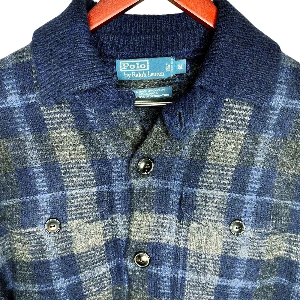 Vintage 80s Polo Ralph Lauren Plaid Wool & Alpaca Cardigan Sweater Jacket Blue